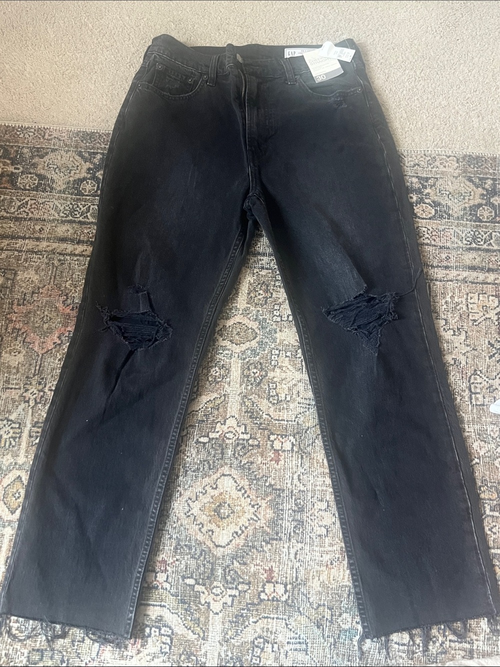 GAP Women’s Black Ripped Knee straight leg high rise jeans